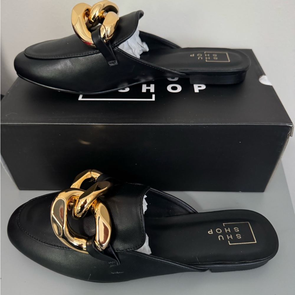 ShuShop: Alexis Black and Gold Chain Mules
